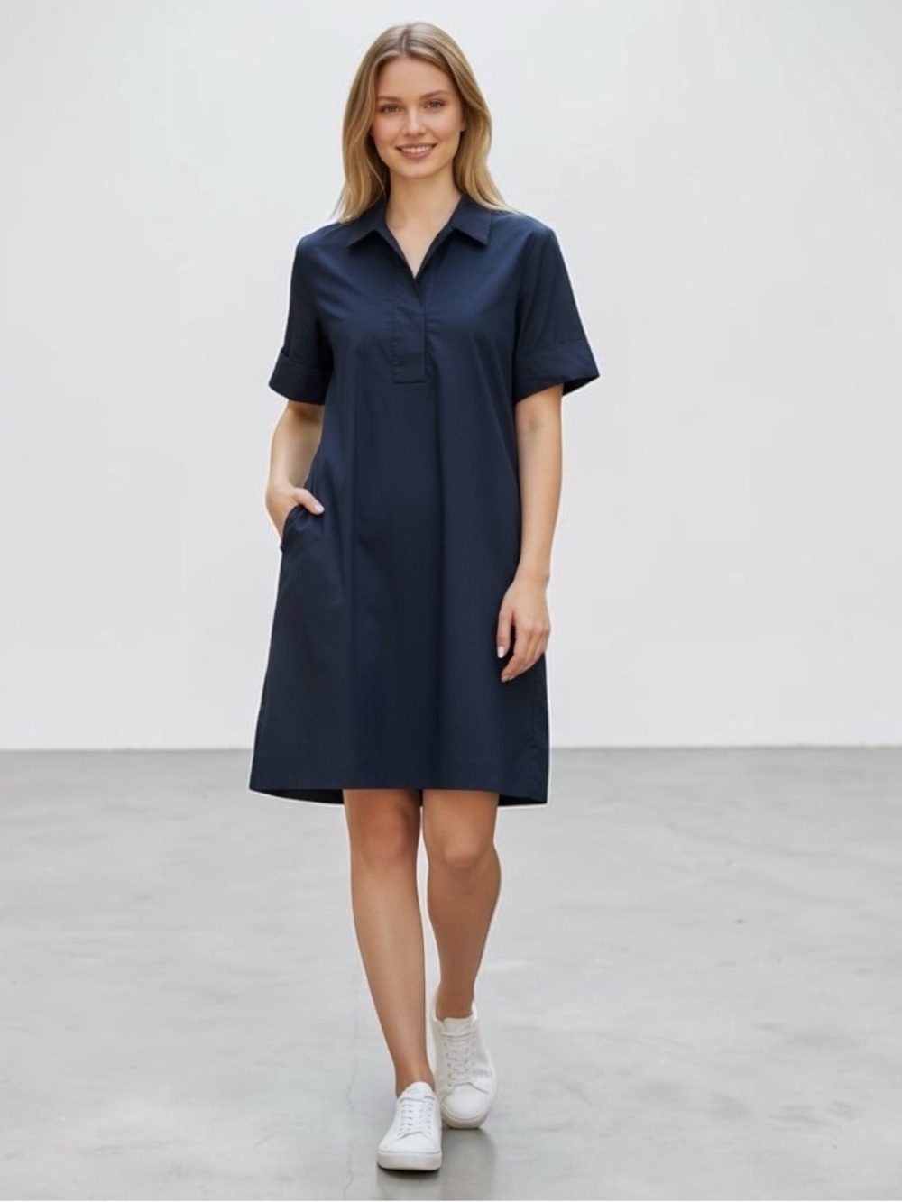 COS Navy Blue Short-Sleeve Half Button Relaxed Shift Shirt Dress Size 36 (US 4)